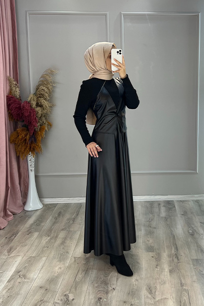 Modam Afra - Yelekli Deri Elbise - Siyah