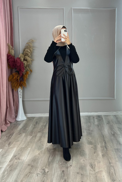 Modam Afra - Yelekli Deri Elbise - Siyah (1)