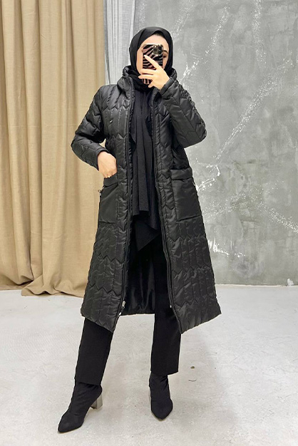 Modam Afra - Zara Model Kapitone Şişme Mont-Siyah